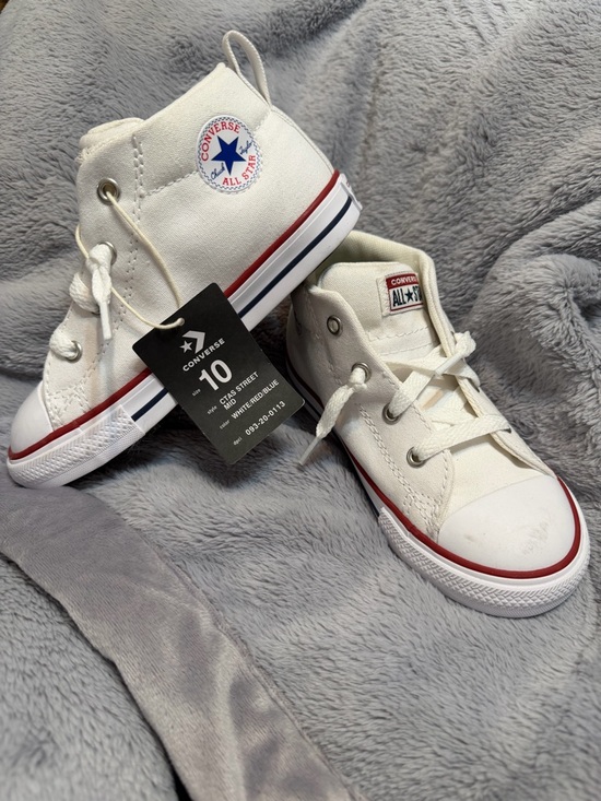 Converse Other - Converse Kids White High Top Sneakers with Red & Navy Trim Little Kids size 10